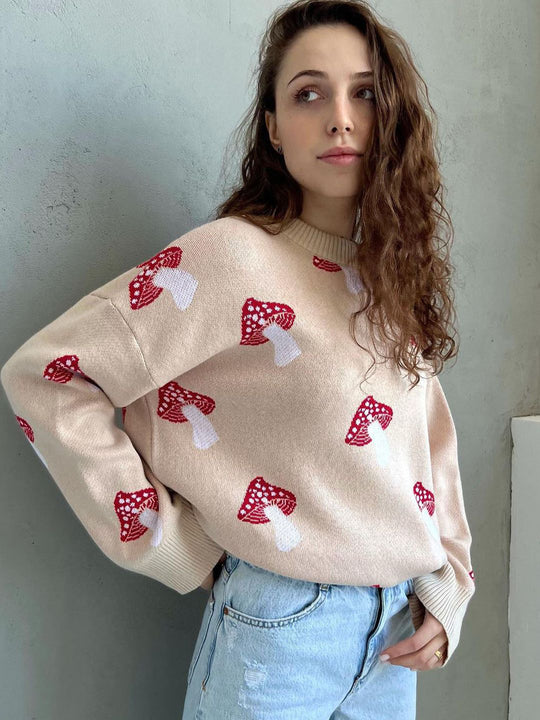 Damen weiter Strickpullover mit Pilzmotiv Rundhals Rippbündchen Eichborn Berlin