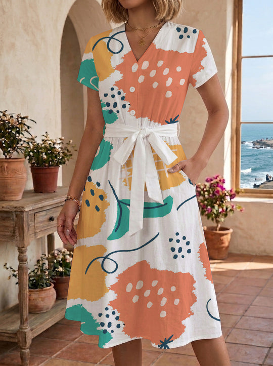 Damen Midikleid mit farbenfrohem Blumendesign und taillierbarem Bindegürtel EB