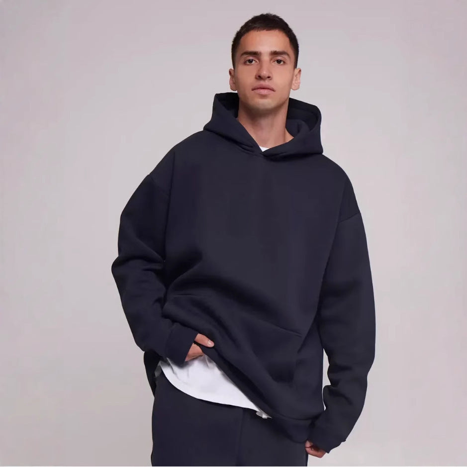Herren nan schwerer Fleece-Boxy-Hoodie mit tiefem Schulterfall verstärkter Kapuze und Kängurutasche EB
