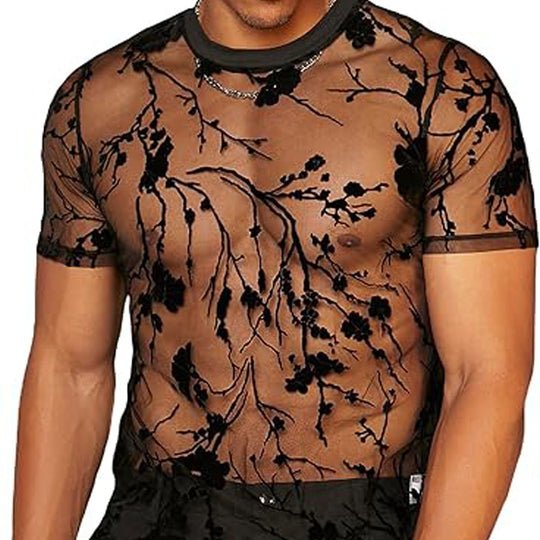 Damen nan transparentes Netz-Oberteil mit floraler Samtstickerei und Rundhalsausschnitt EB