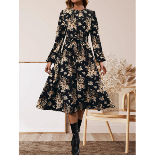 Damen Midikleid mit floralen Details und Taillengürtel EB