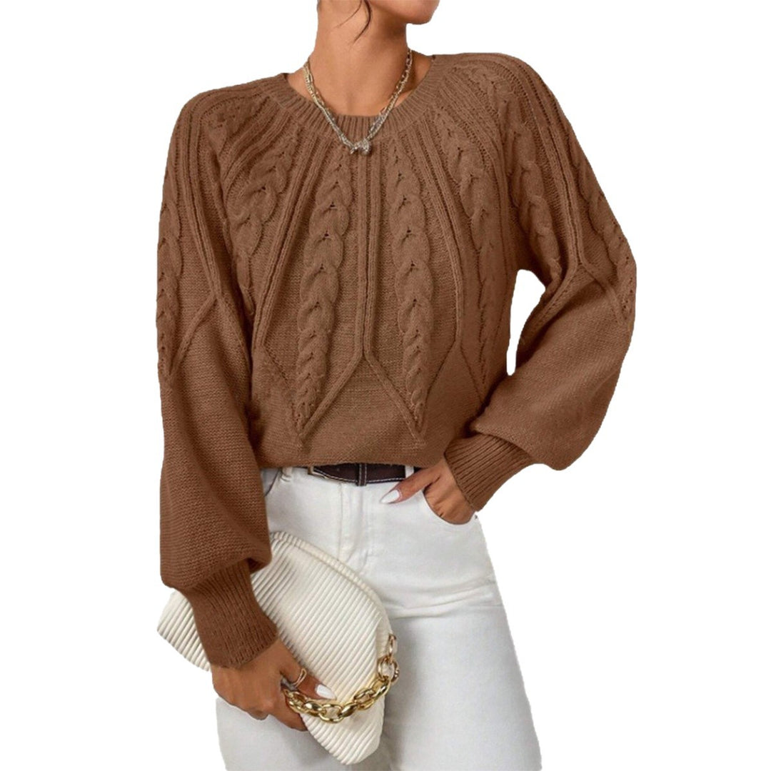 Damen nan kurzer Zopfmuster-Strickpullover mit Ballonärmeln und geripptem Saum EB