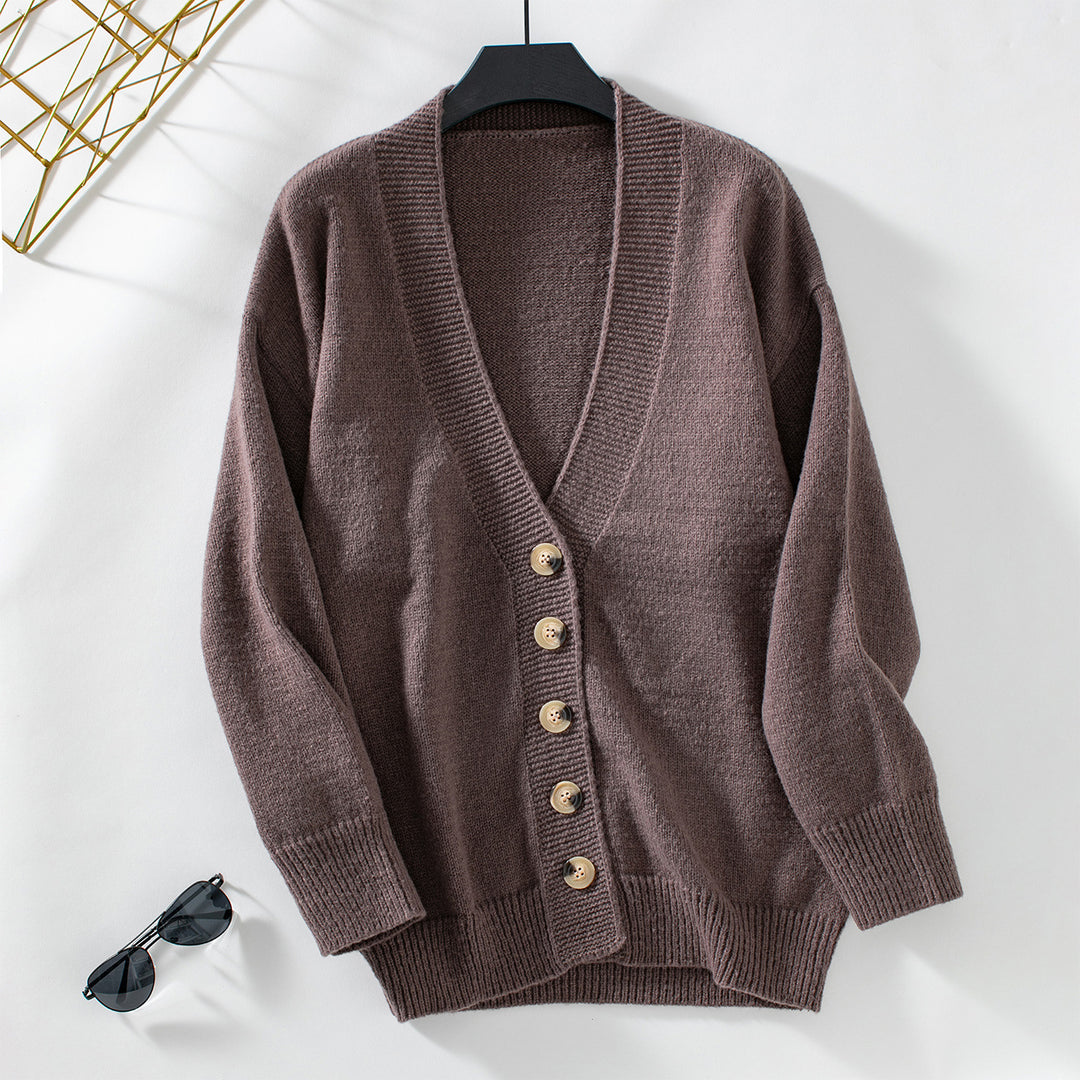 Damen gemütliche Strickjacke mit Knopfdetails und tiefem V-Ausschnitt EB