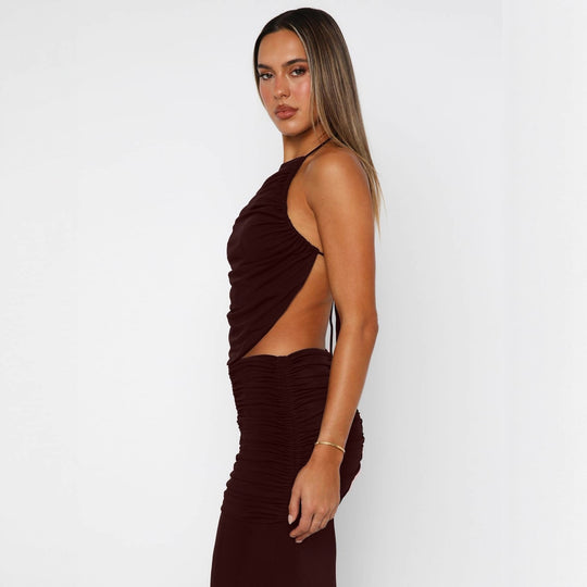 Damen Elegantes Maxikleid mit asymmetrischem Halterhals und ausgefallenem Schlitz EB