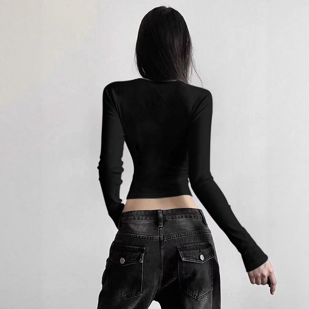Damen nan kurzes Cropped-Longsleeve mit auffälligem Statement-Print und Call-Icon-Design EB