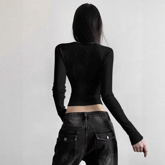 Damen nan kurzes Cropped-Longsleeve mit auffälligem Statement-Print und Call-Icon-Design EB