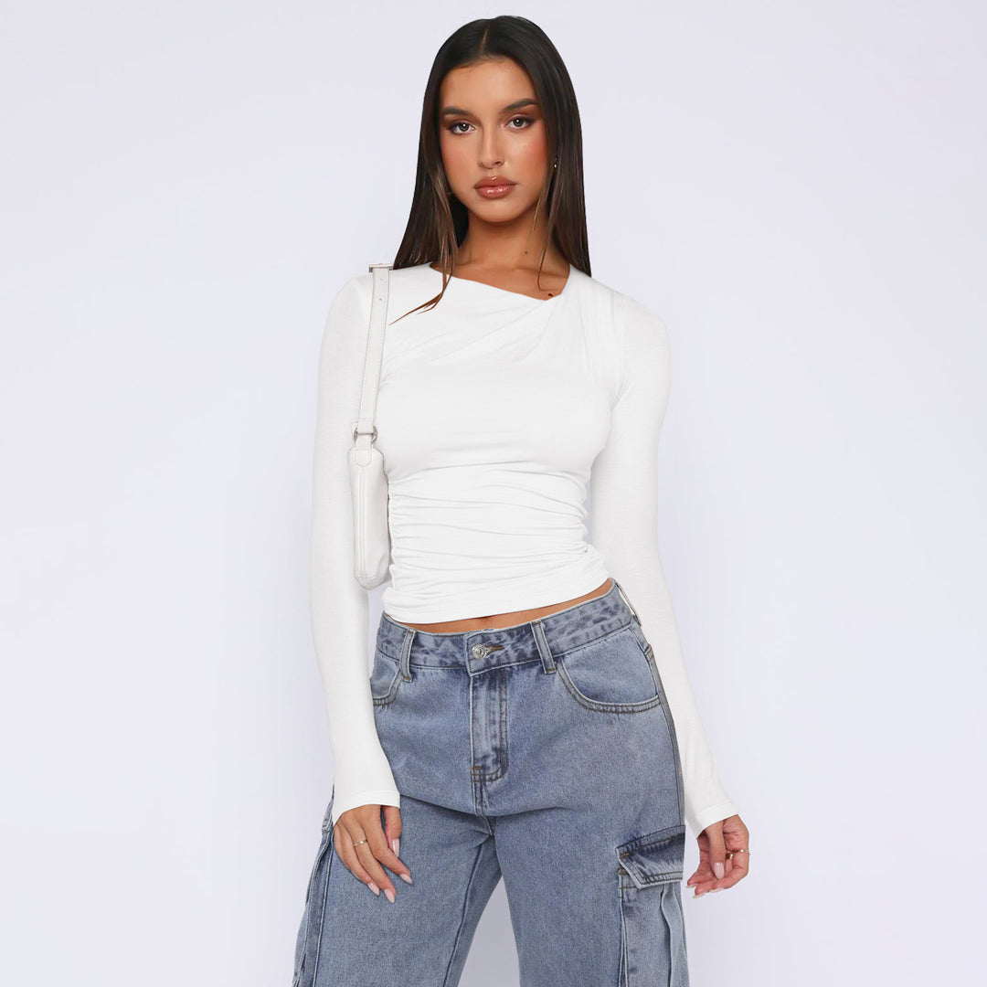 Damen Langarm-Rippoberteil mit asymmetrischem Ausschnitt EB