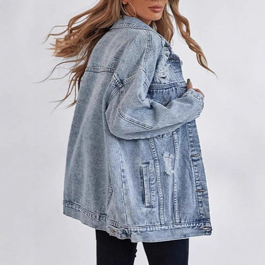 Damen lässige Oversized Jeansjacke mit distressed Details und hochwertigen Metallknöpfen EB