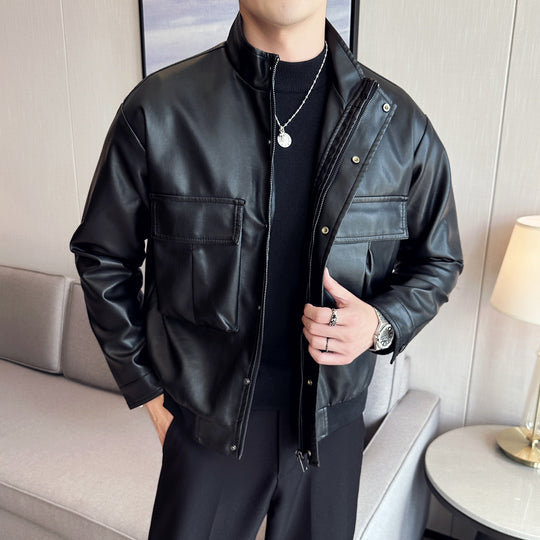Herren Bikerjacke aus weichem Kunstleder mit praktischen Taschen und Stehkragen EB