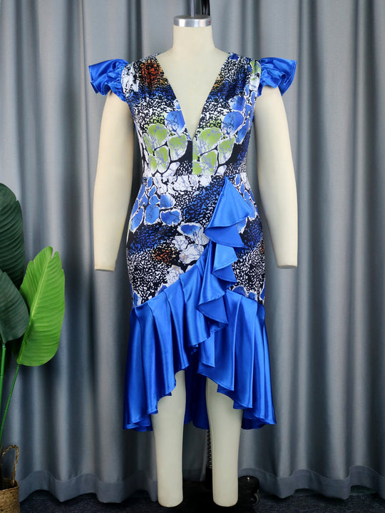 Damen Festliches Kleid mit voluminösem Rüschensaum und tiefem V-Ausschnitt EB