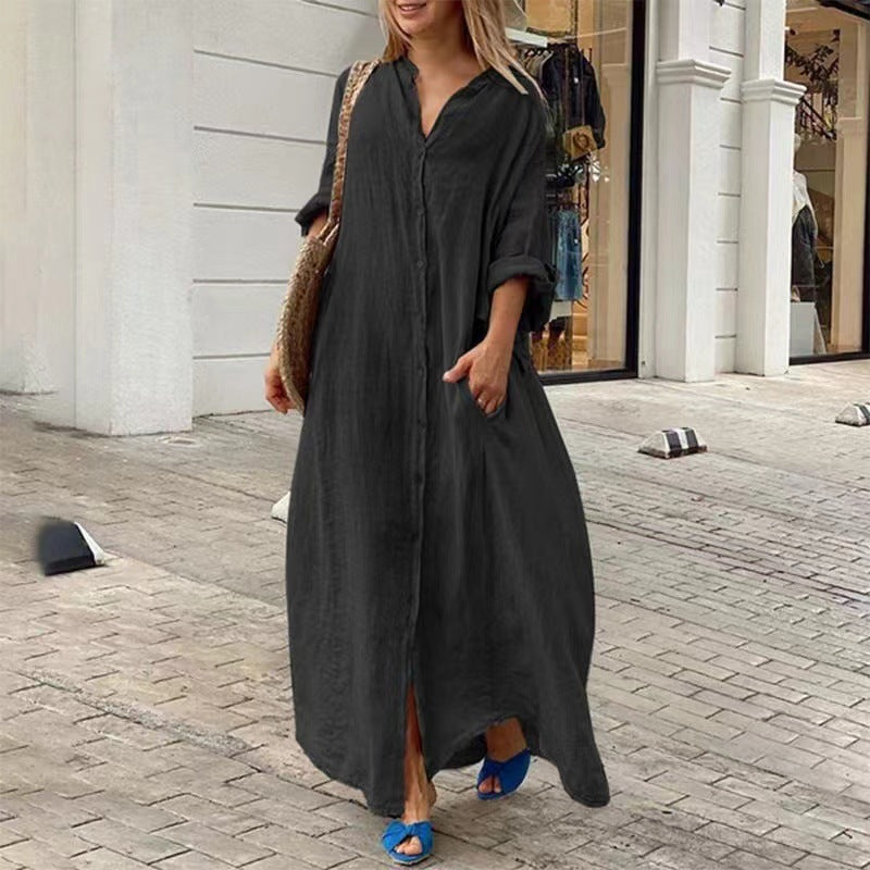 EB | Einreiher Baumwoll-Leinen Plus Size Langkleid