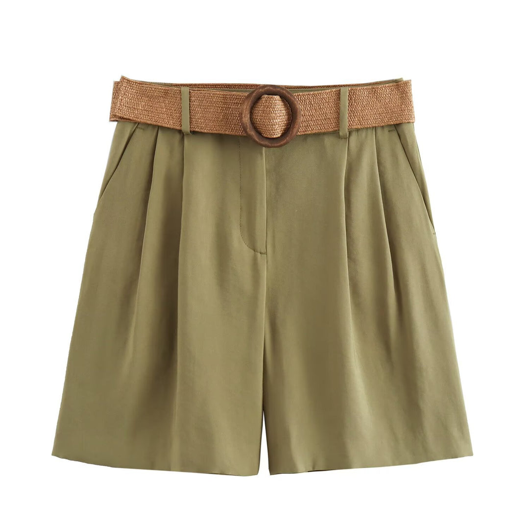 Damen elegante Shorts mit breitem, geflochtenem Gürtel EB