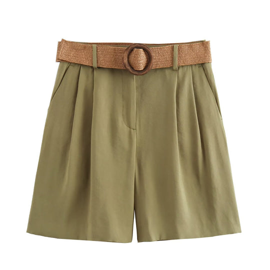 Damen elegante Shorts mit breitem, geflochtenem Gürtel EB