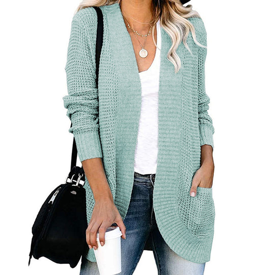 Damen lässige Strickjacke mit offenen Ärmeln und praktischen Taschen EB