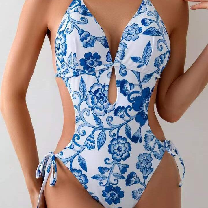 Damen ganzflächiger Bikini mit verspieltem floralen Design EB