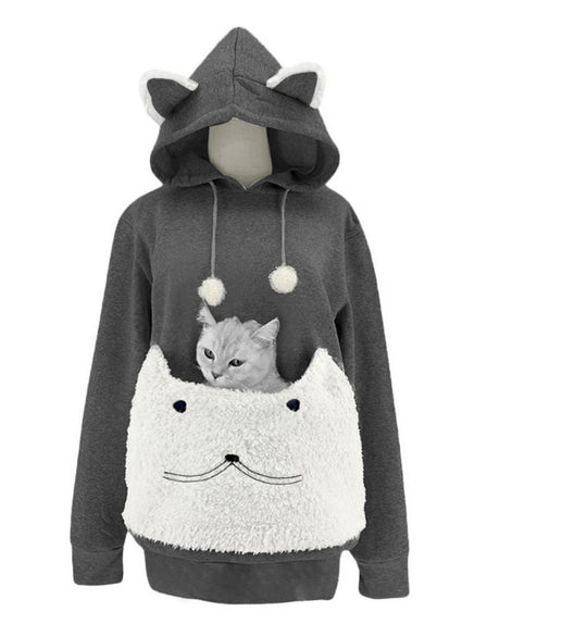Damen Kuscheliger Kapuzenpullover mit Katzenmotiv und praktischer Känguru-Tasche EB