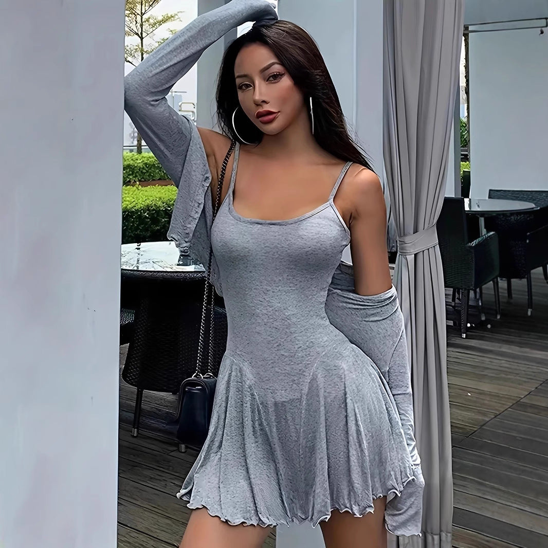 Damen lässiges Set mit langärmeliger Bluse und fließendem Rock EB