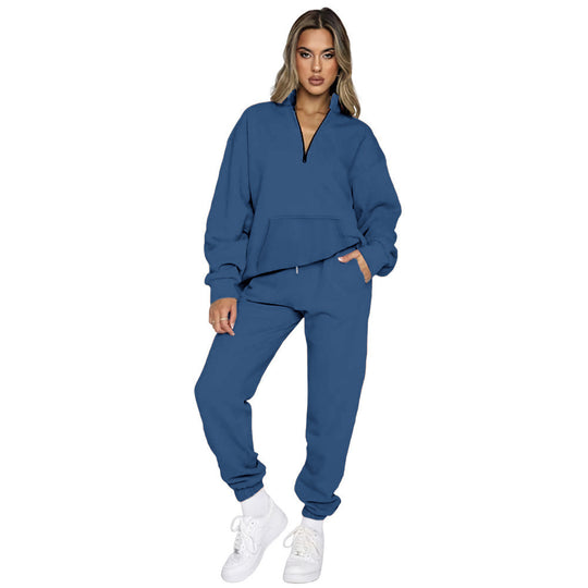 Damen nan French‑Terry Relax‑Loungewear‑Set mit halbem Reißverschluss, Kängurutasche und taillierter, schmal zulaufender Jogginghose EB