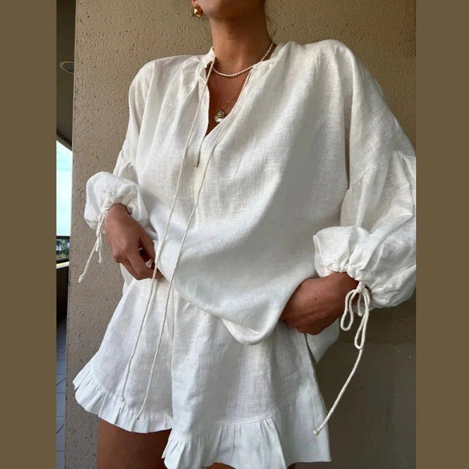 Damen Blusenset mit elegantem Rüschensaum und lockerer Passform EB