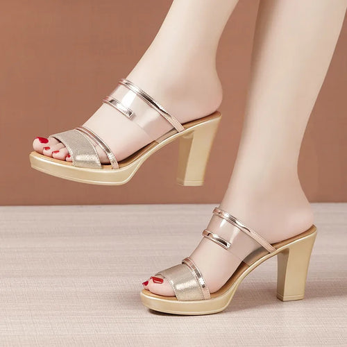 Damen modische Sandalen mit elegantem Blockabsatz und transparenten Riemen EB