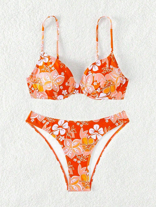 Damen gepolsterter Triangel-Bikini mit floralem Design und verstellbaren Trägern EB