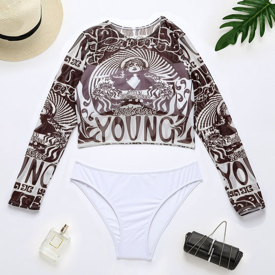 Damen Sportlicher Crop-Top mit langem Arm und eleganten Print EB