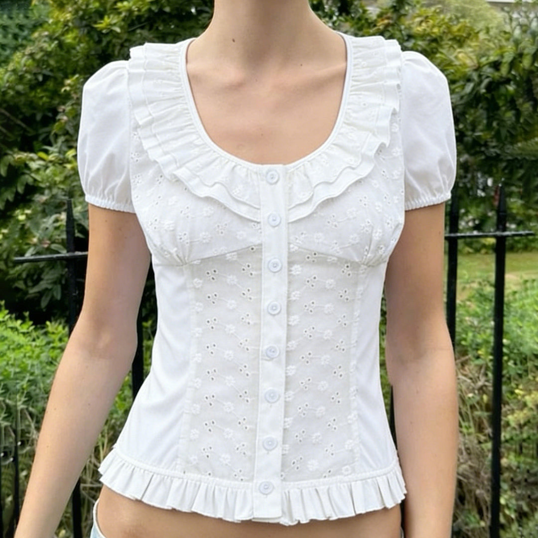Damen Rüschenshirt mit floralem Design und voluminösen Ärmeln EB