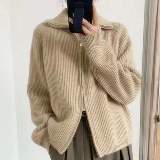 Damen Strickjacke mit hohem Kragen und durchgehendem Reißverschluss EB
