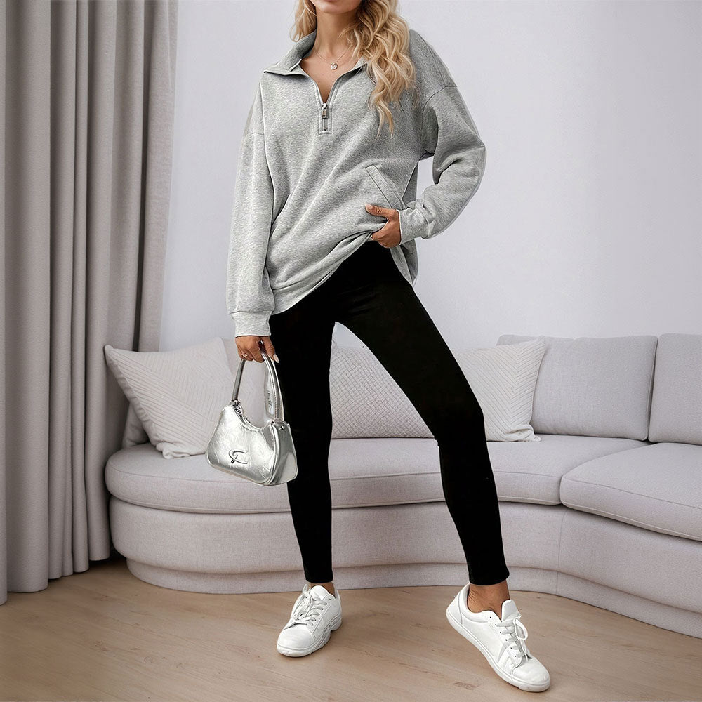 Damen lässiges Oversized-Halbzip-Sweatshirt mit hohem Kragen und Kängurutaschen Eichborn Berlin