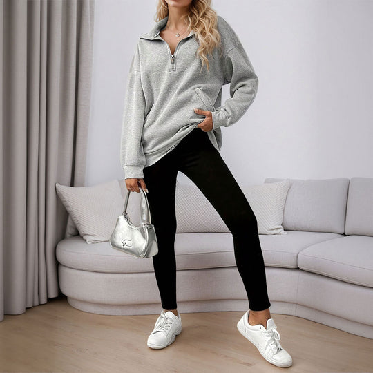 Damen lässiges Oversized-Halbzip-Sweatshirt mit hohem Kragen und Kängurutaschen Eichborn Berlin