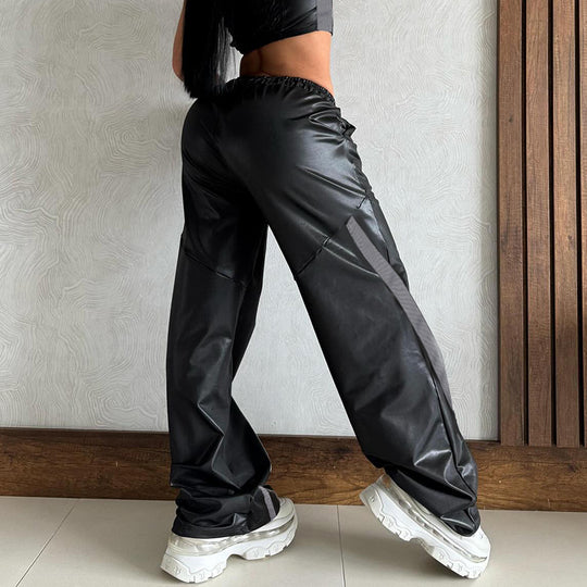 Damen nan weite Kunstleder-Trackpants mit elastischem Bund, Tunnelzug und seitlichen Streifen EB