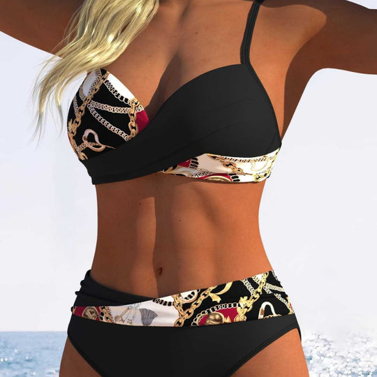 Damen Bikini-Set mit modischer Wickeloptik und schickem Kettenmuster EB