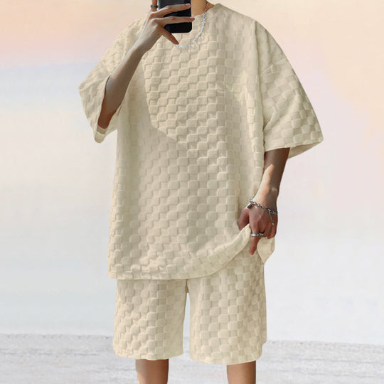 Unisex nan strukturiertes Relief-Set aus wabenartigem Jersey mit übergroßem Shirt und knielangen Shorts EB