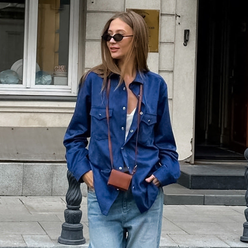 Damen Lässige Oversized-Hemdjacke mit Taschen und modischen Details EB