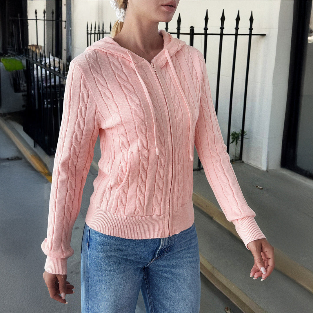 Damen nan Kapuzen-Strickjacke mit Reißverschluss, Zopfstrickstruktur und Kängurutasche EB