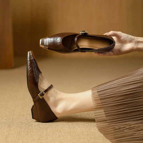 Damen Ballerinas mit elegantem Riemen und stilvollem Blockabsatz EB
