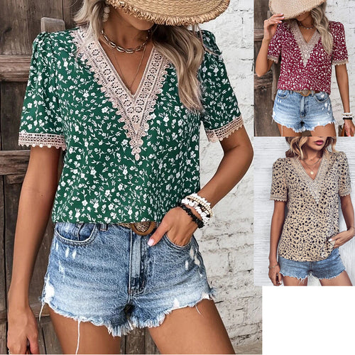 Damen Bluse mit V-Ausschnitt und feinen Spitzenakzenten EB