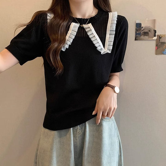 Damen Elegantes Strickoberteil mit dekorativem Rüschensaum und atmungsaktivem Design EB