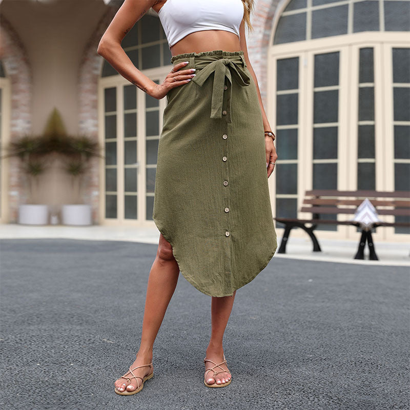 Damen Midi Rock mit dekorativem Bindegürtel und Knopfdetails EB