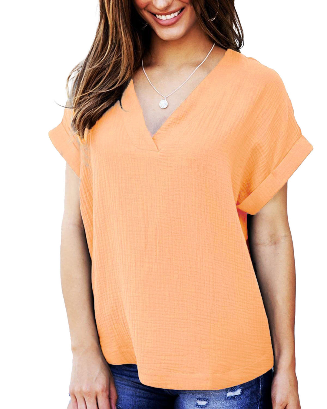 Damen lässiges V-Ausschnitt T-Shirt mit luftiger Passform und umgeschlagenen Ärmeln EB
