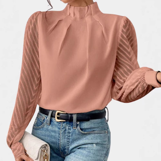 Damen Elegante Chiffonbluse mit Stehkragen, Faltenkante und transparenten Jacquard-Ärmeln EB