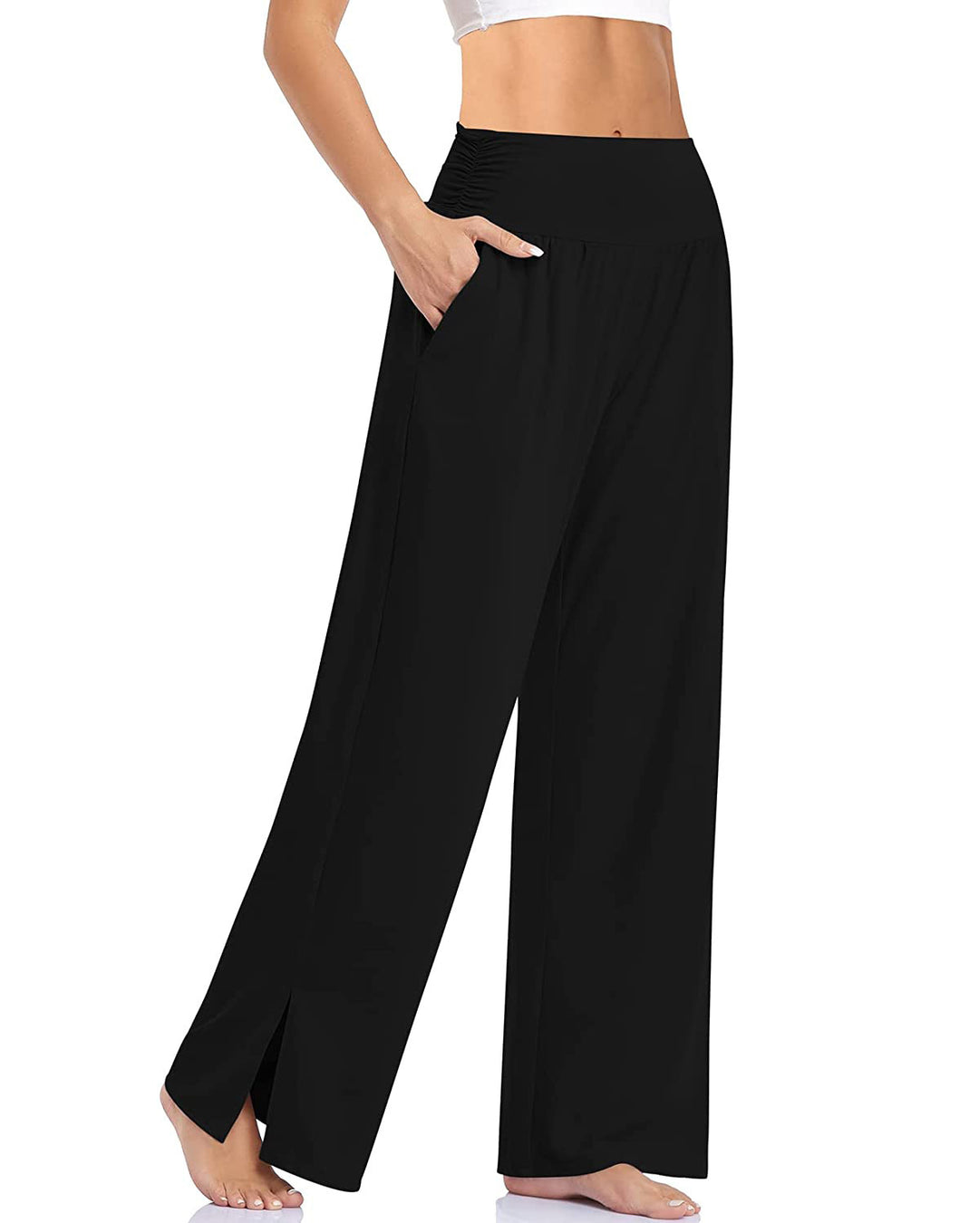 Damen nan weite Yogahose mit hohem Komfortbund, seitlichen Eingrifftaschen und seitlichem Bein-Schlitz EB