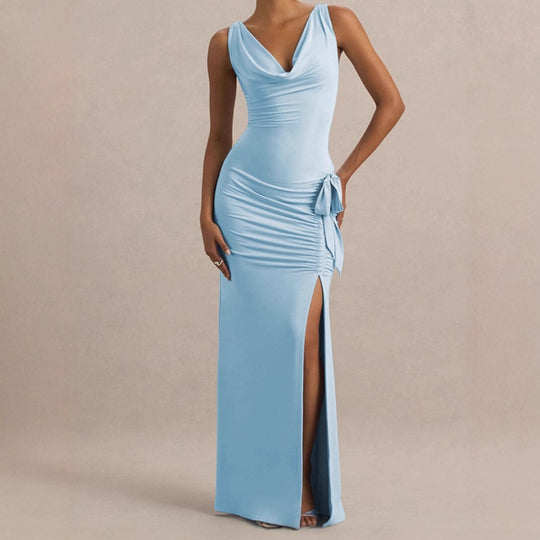 Damen Elegantes Abendkleid mit tiefem V-Ausschnitt und seitlichen Rüschendetails EB