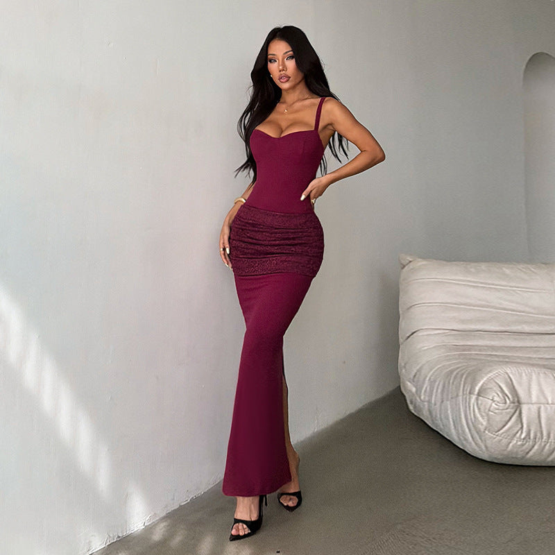 Damen elegantes Maxikleid mit gerafftem Oberteil und herzförmigem Ausschnitt EB