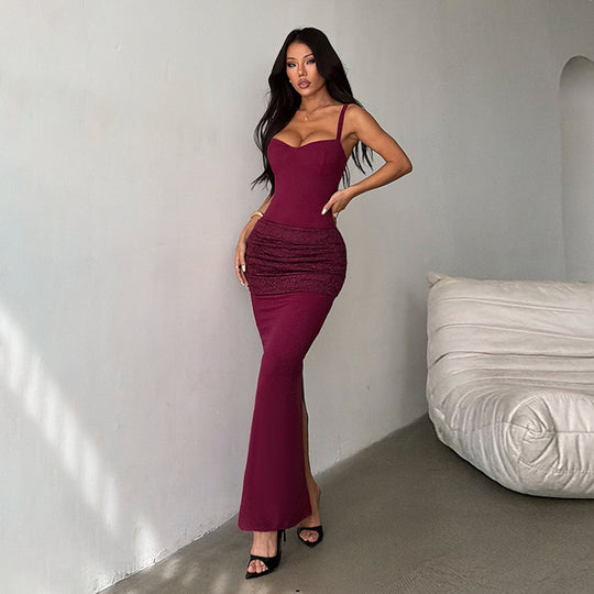 Damen elegantes Maxikleid mit gerafftem Oberteil und herzförmigem Ausschnitt EB