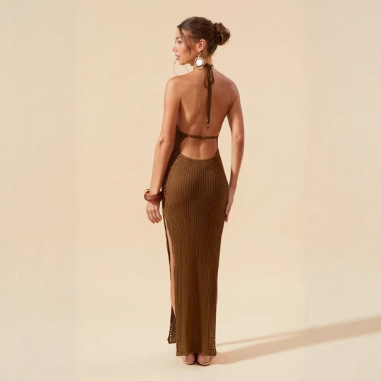 Damen figurbetontes Strickkleid mit tiefem V-Ausschnitt EB
