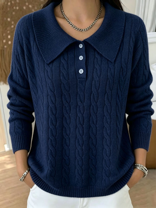 Damen Kabelstrick-Polo-Pullover mit großem Umlegekragen und lockerer Silhouette EB