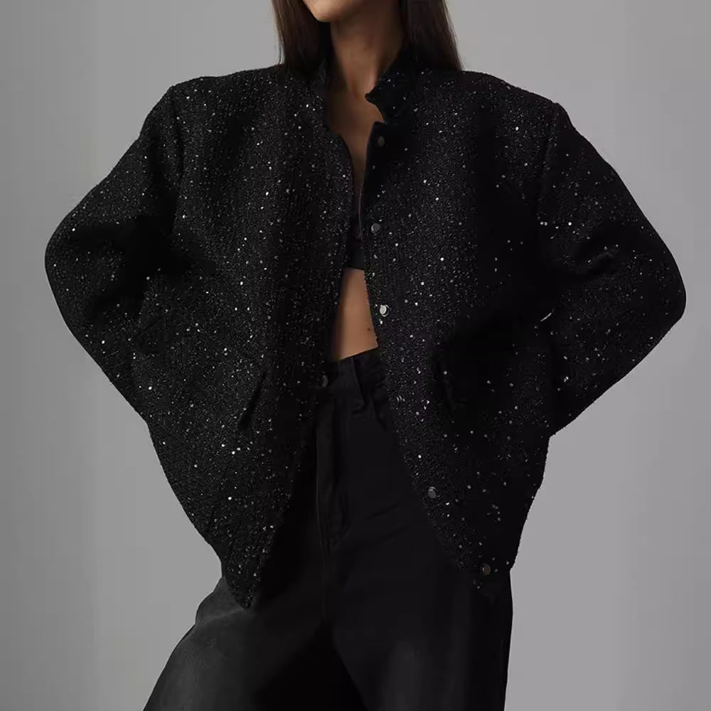 Damen Glamouröse Glitzerjacke mit oversized Schnitt und modischen Taschen EB