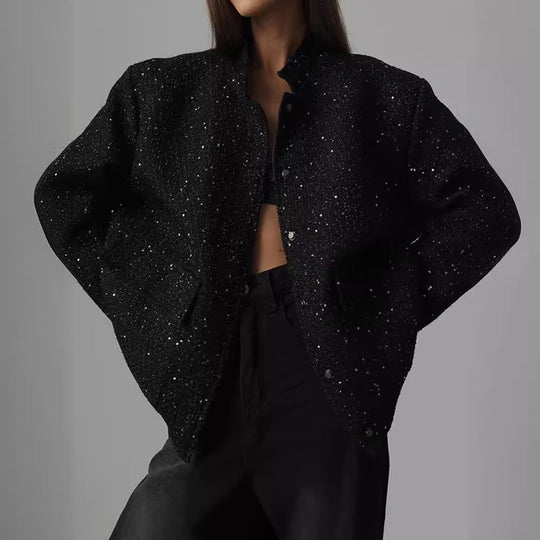 Damen Glamouröse Glitzerjacke mit oversized Schnitt und modischen Taschen EB