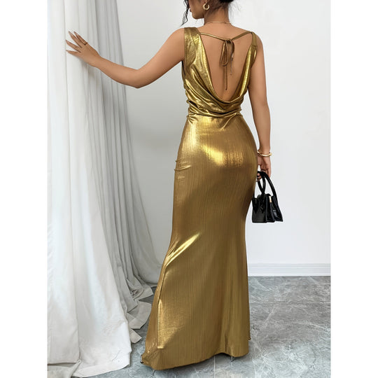 Damen elegantes Maxikleid mit schimmerndem Effekt und verführerischem Rückenausschnitt EB